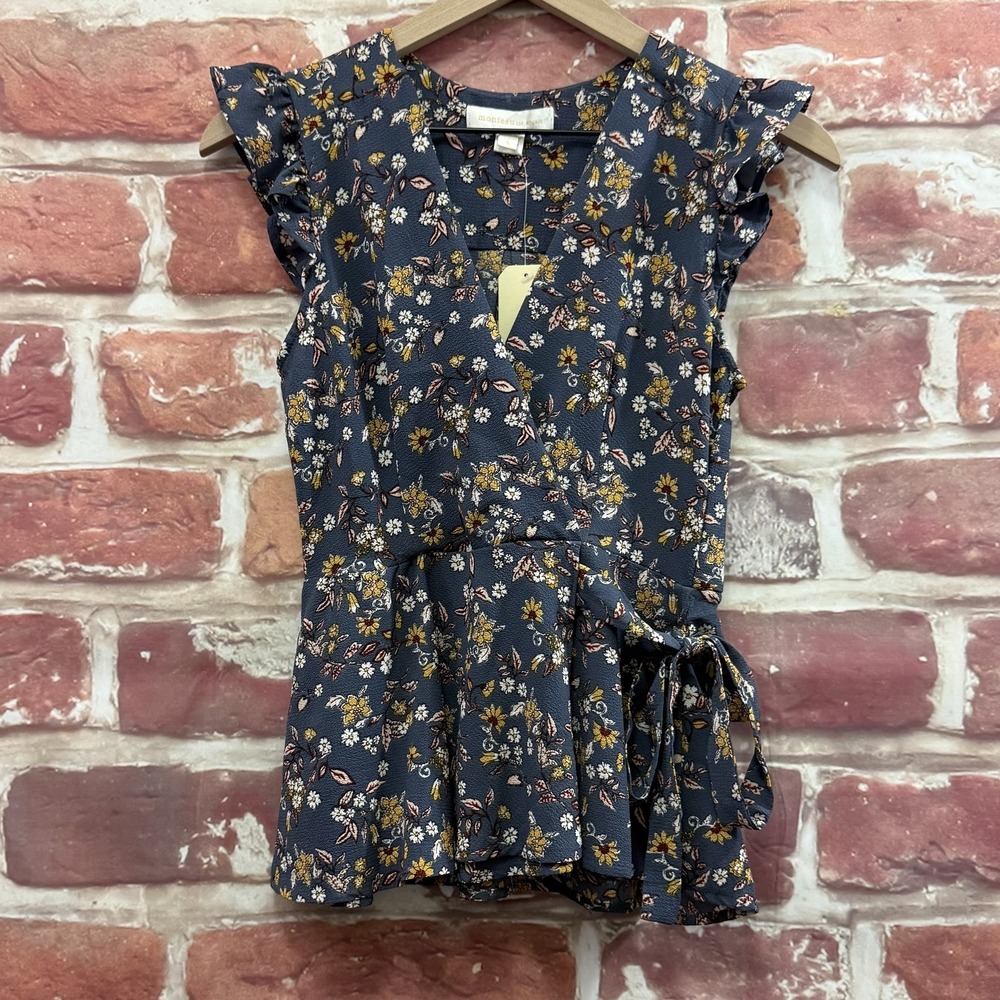Monteau Top Womens S Blue Gray Multicolor Cottage Floral Surplice Side Tie Shirt